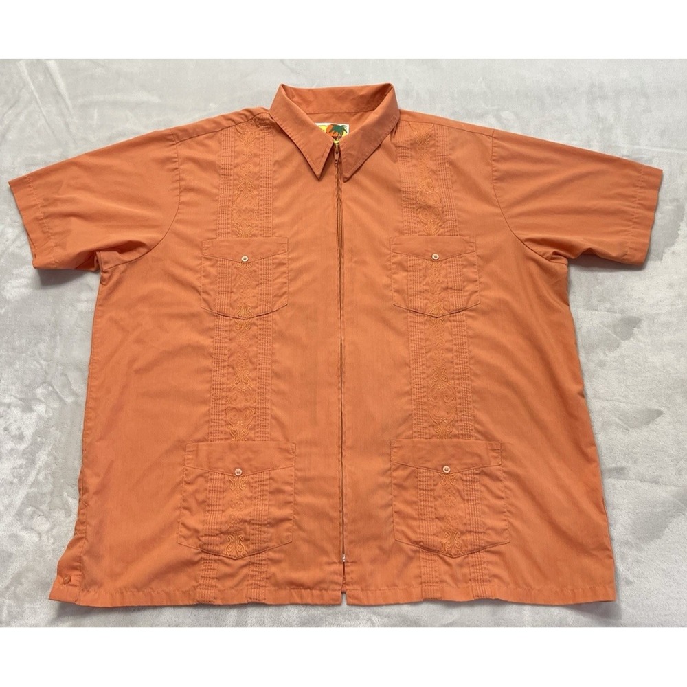 The Genuine Haband Guayabera Shirt Men XL Orange Full Zip Embroidered Vacation - Picture 14 of 14